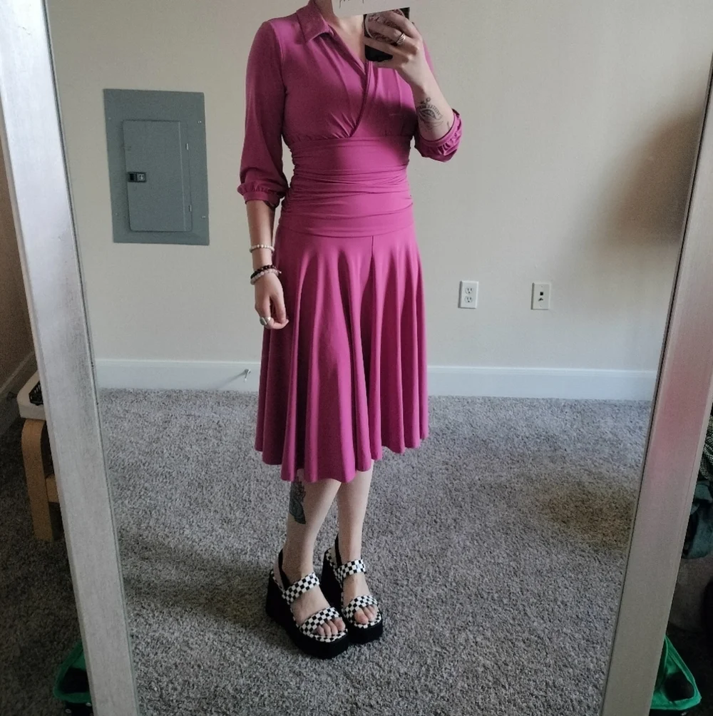 Fun Y2k Style Pink Women's Dress Midi Quarter Sleeve Collar - Picture 1 of 6